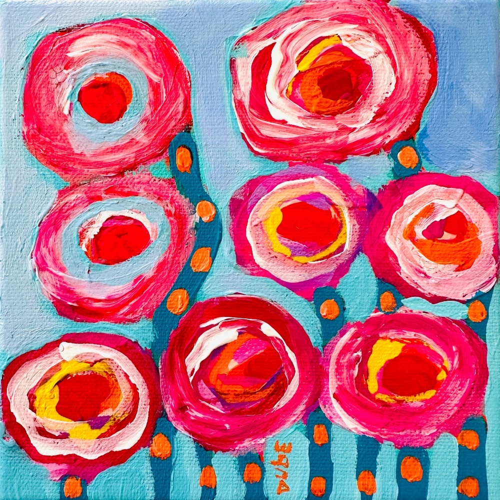 Original Painting Abstract Collectible Flower Landscape 6"x6"x1.5" One of a kind